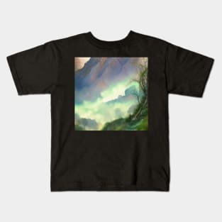 Digital Painting of a Beautiful Nature With High Mountains With Fog Kids T-Shirt